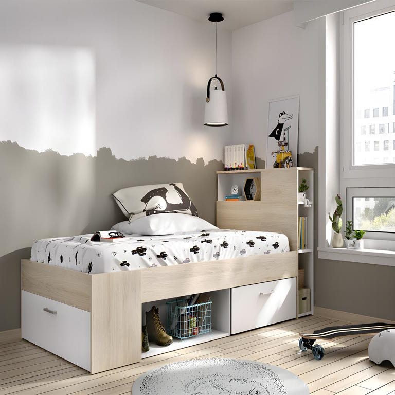 Lit avec tête de lit rangements et tiroir - 90 x 190 cm - Blanc et Naturel  + matelas + sommier - LEANDRE