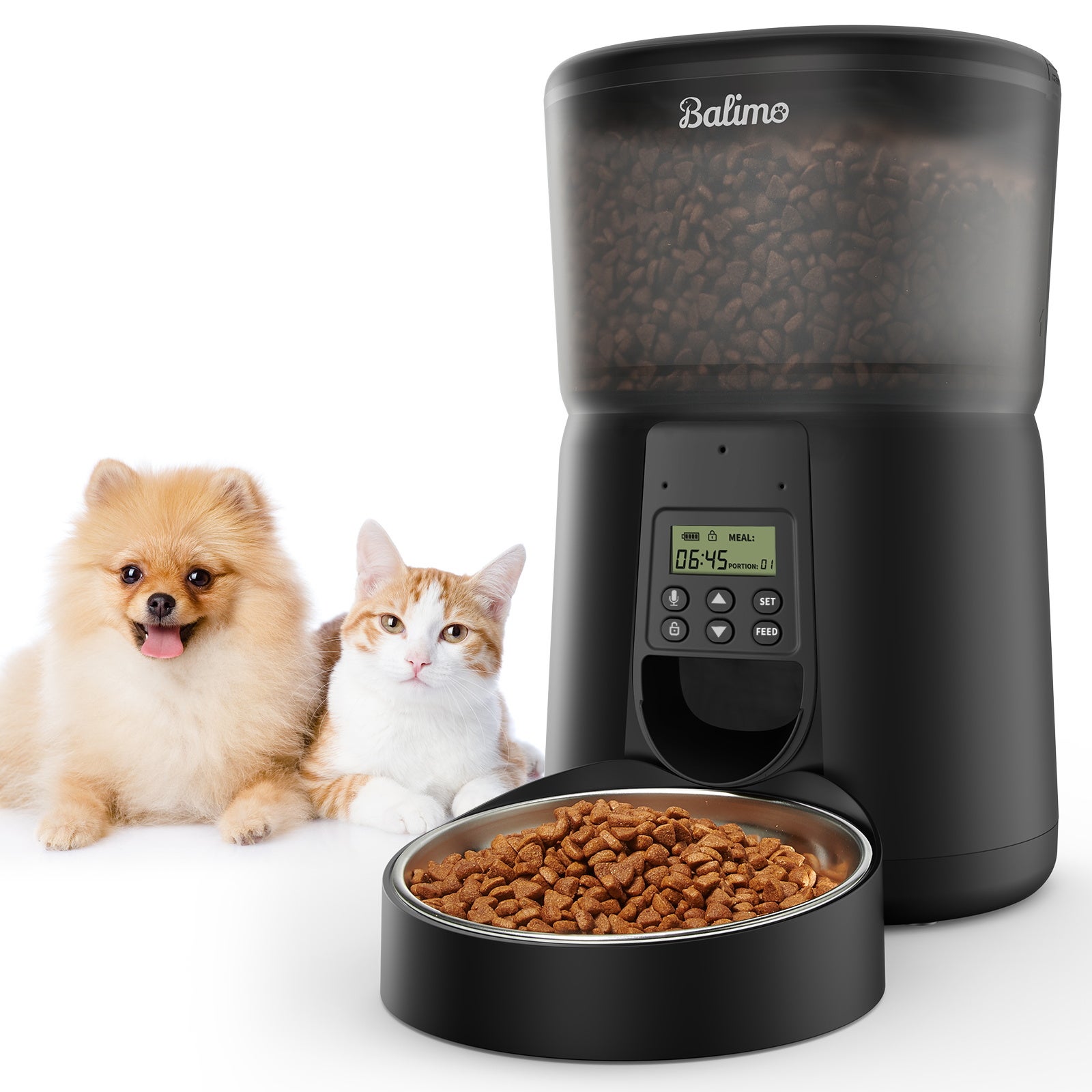 Balimo 4L Distributeur de Croquettes pour Chat et Chien Noir Distributeur Automatique de