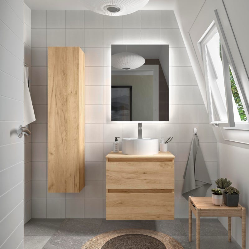 Meuble salle de bain - 70 cm - Avec vasque à poser - Effet Chêne brut - A  suspendre - KARAIB