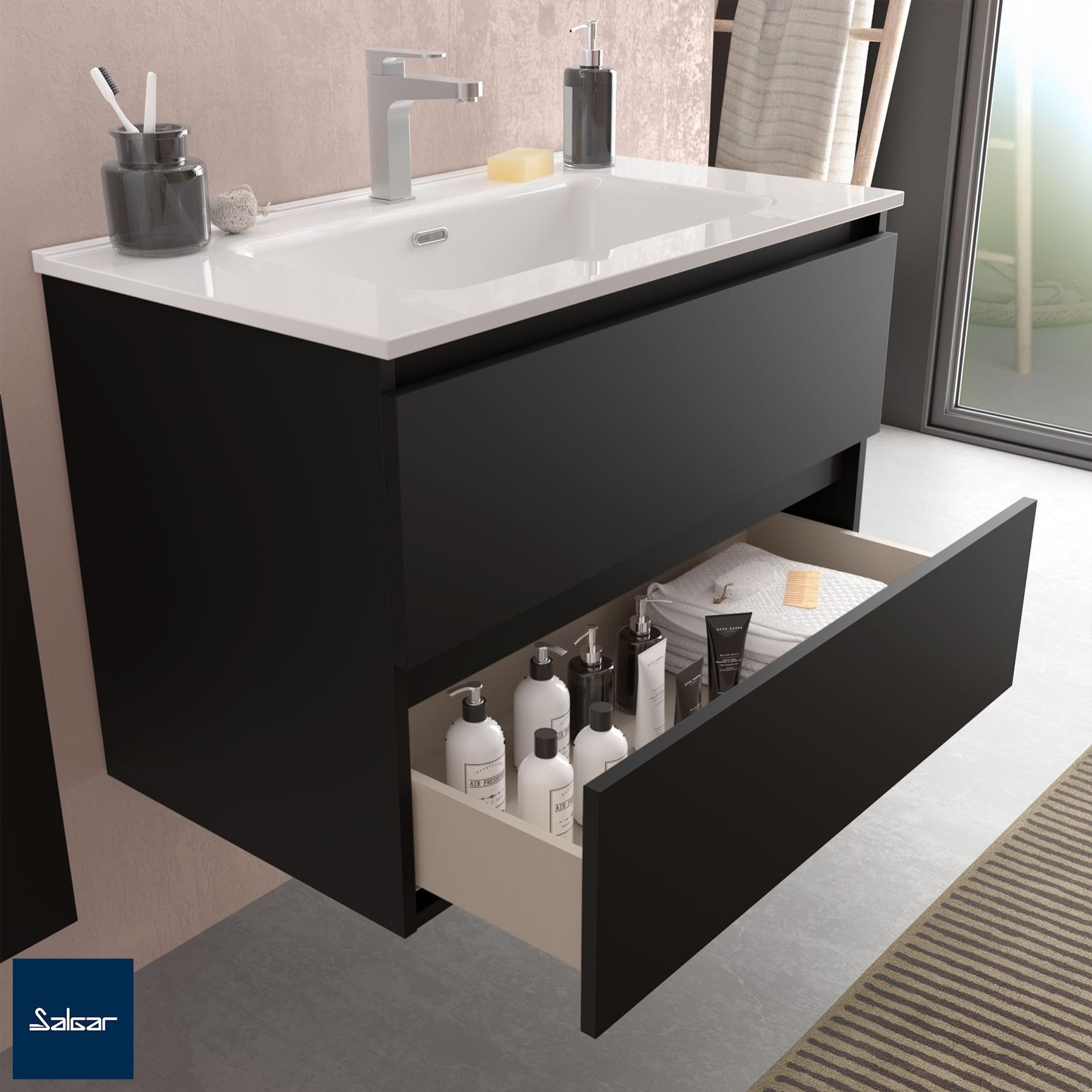 Mueble De Baño Bequia 80 Cm Negro Mate | Lavabo Sobre Encimera | Salgar