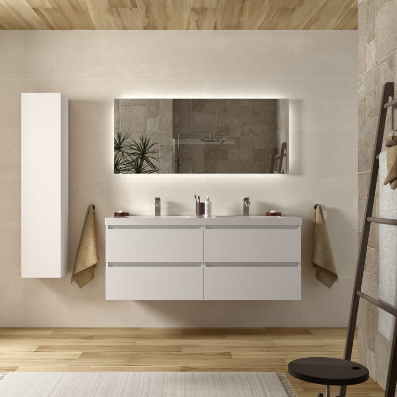 Meuble salle de bain - 120 cm - Plan double vasques céramique - Blanc mat -  A suspendre - KARAIB