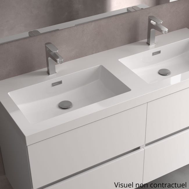 Meuble salle de bain - 140 cm - Plan double vasques charge minérale - Blanc  mat - A suspendre - KARAIB