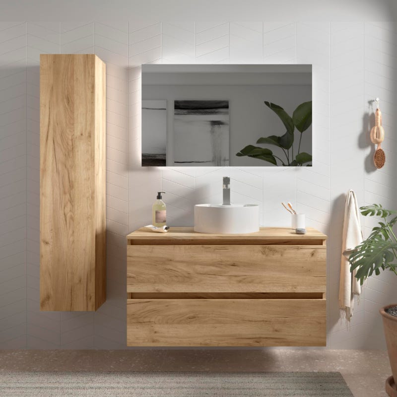 Meuble salle de bain à suspendre avec sa vasque à poser, effet chêne brut  70 cm