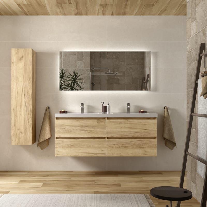 Mueble de baño Bequia 140 cm Roble, Lavabo 2 pozas, Salgar