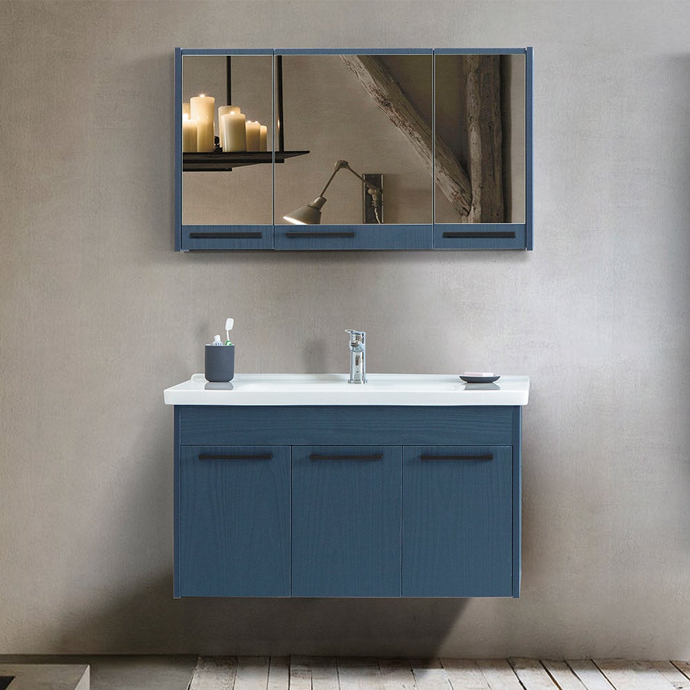 Mobile bagno sospeso 100 cm blu effetto legno con armadietto a