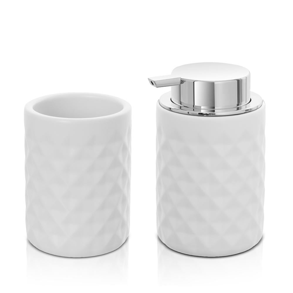 Set Accessori Bagno In Ceramica 3 Pezzi - Stile Bohémien/Rustico Con Dispenser Sapone, Portaspazzolino E Portasapone, Finitura Lucida Effetto Marmo - 4