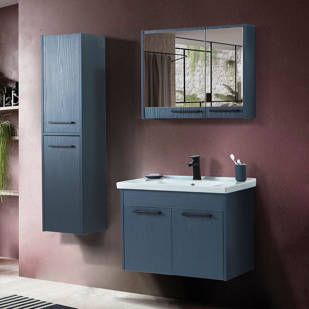 Mobile bagno sospeso 80 cm blu effetto legno con armadietto a specchio  Sofia