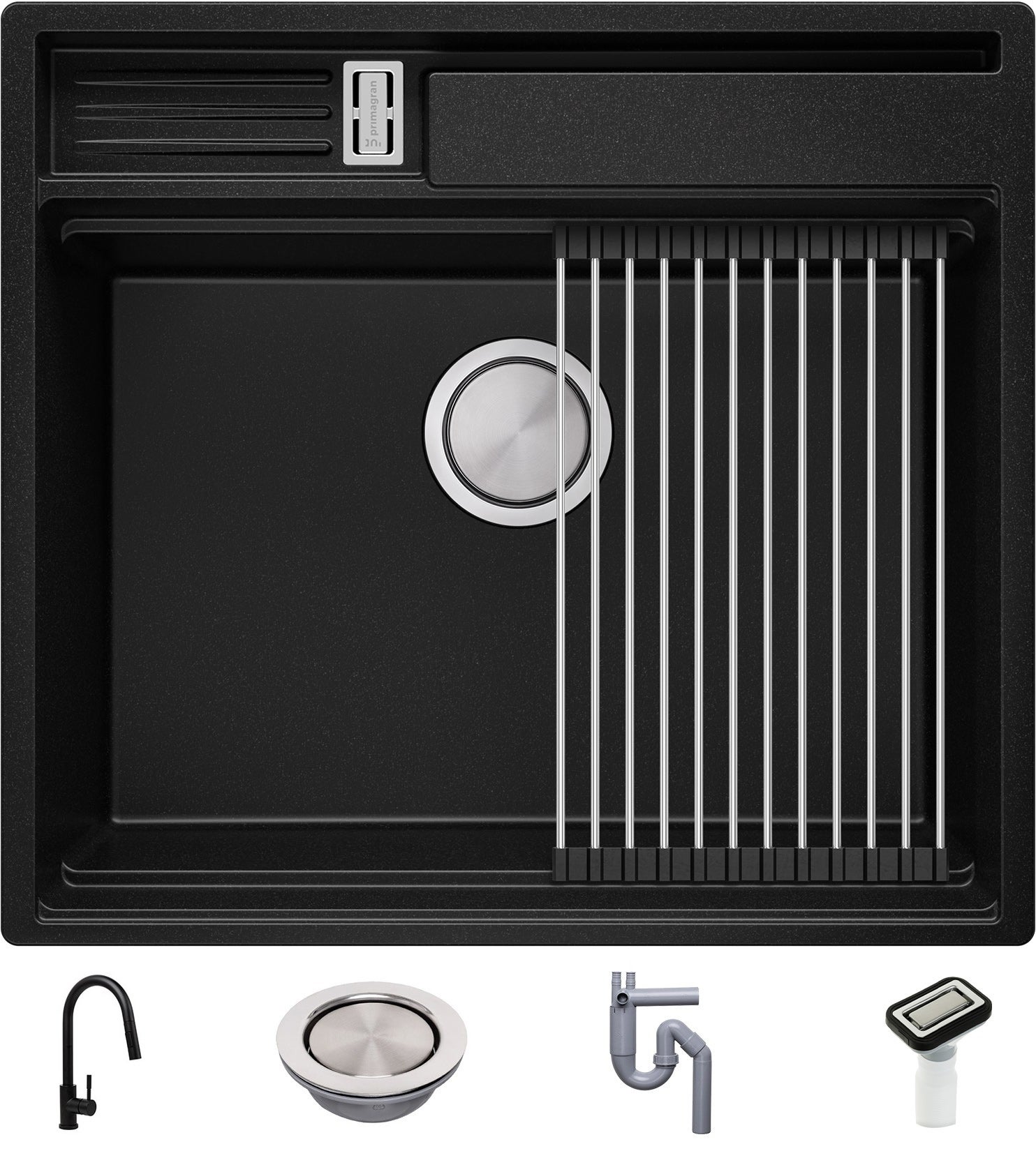 Evier Cuisine en Granit Noir, 62 x 50 cm, Lavabo 1 bac + Robinet 9700 + Kit  de Vidage, Évier à Encastrer de Primagran