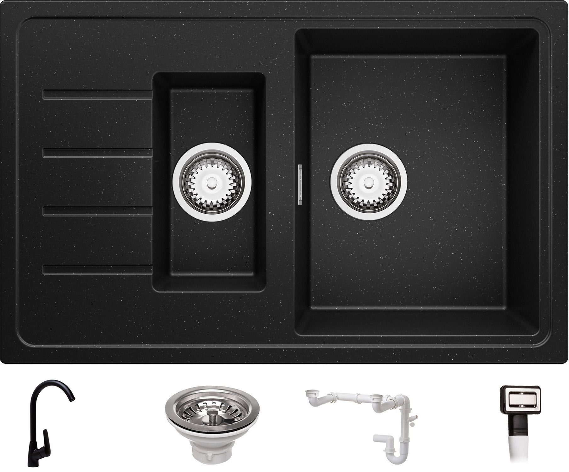 Fregadero Cocina 78 x 50 cm, Fregadero Granito Un Seno + Grifo 5700 + Kit  de Drenaje, Fregadero Empotrado de Primagran, Negro