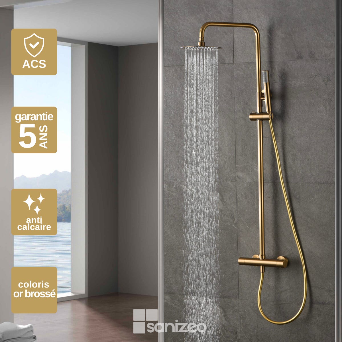 Comprar Barra de ducha termostatica redonda dorado cepillado online