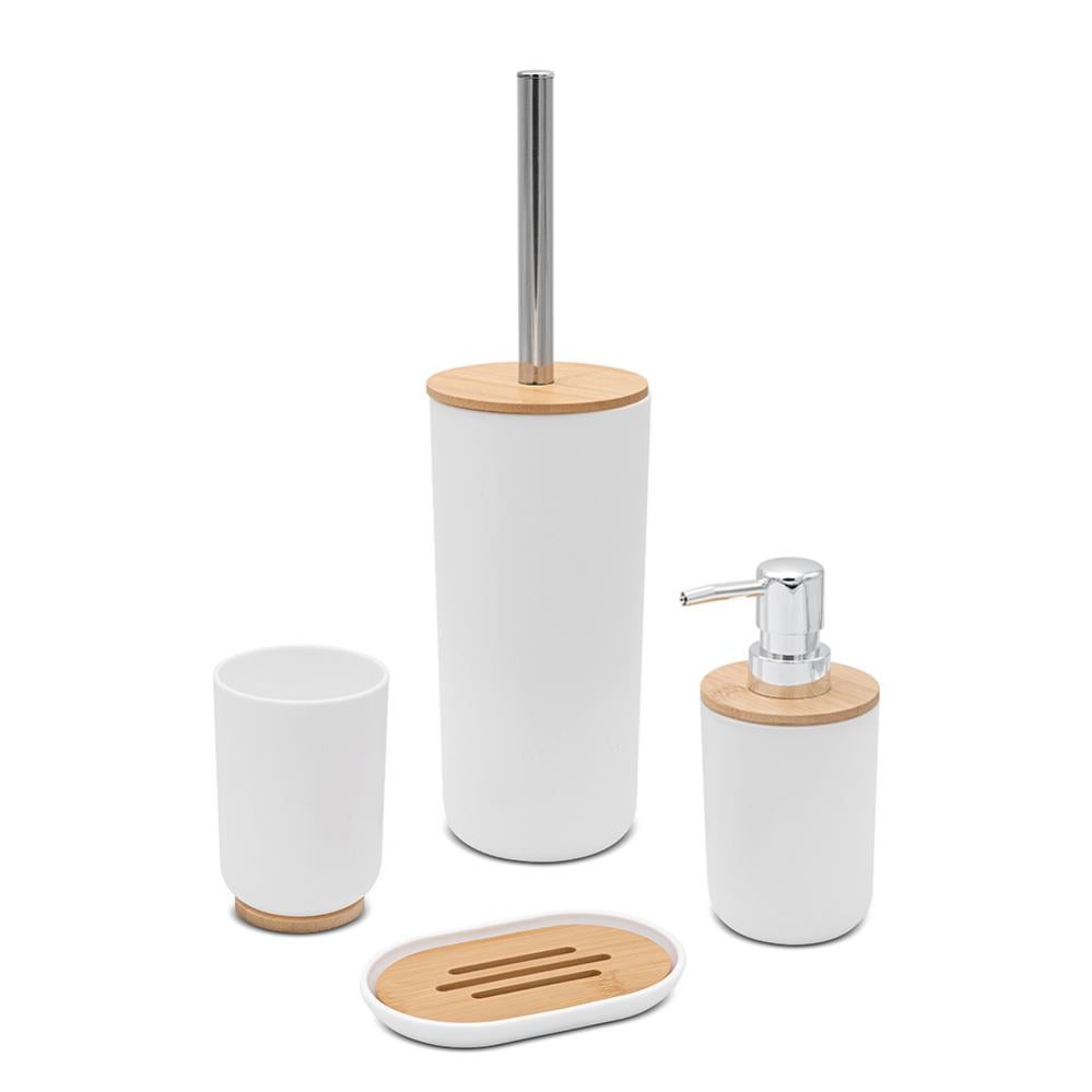 Set Accessori Bagno 6 Pezzi IlGruppone Design Moderno - Cestino, Dispenser Sapone, Portasaponetta, Porta Spazzolini, Porta Scopino, In Plastica E Bambù, Colore Caffè
