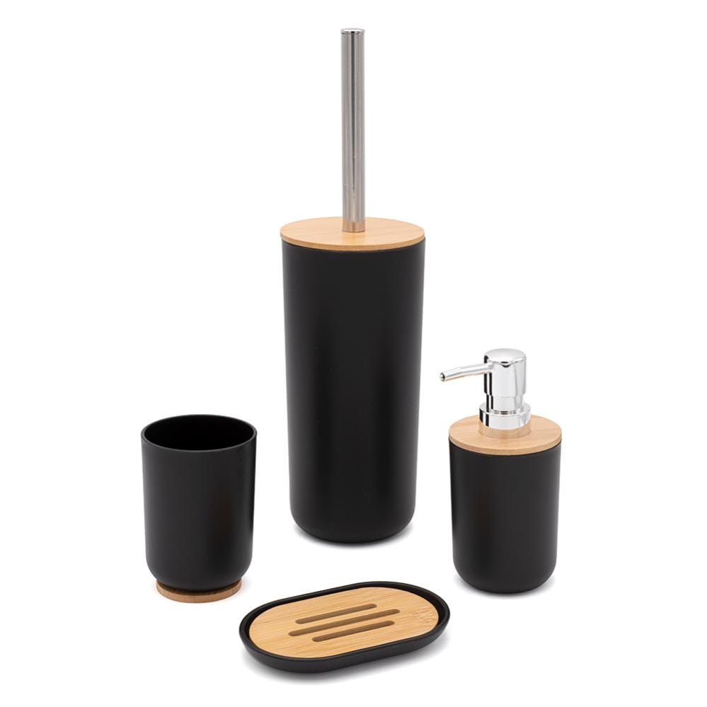 Set completo accessori bagno da appoggio in abs nero e bamboo Sur