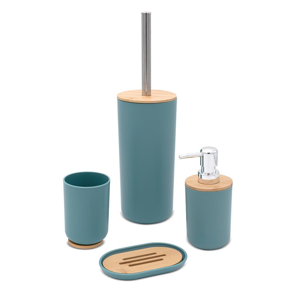 Set Accessori Bagno 6 Pezzi IlGruppone Design Moderno - Cestino, Dispenser Sapone, Portasaponetta, Porta Spazzolini, Porta Scopino, In Plastica E Bambù, Colore Caffè