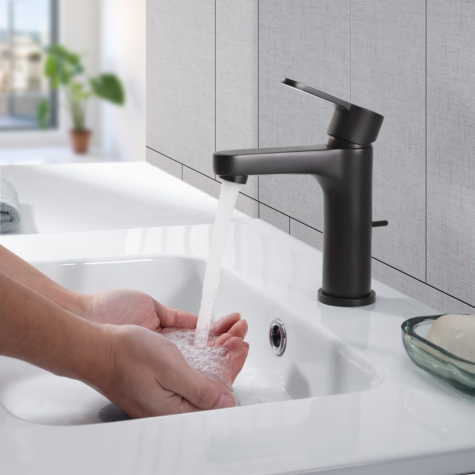 Robinet de lavabo moderne avec douchette pour salle de bains, noir/chrome