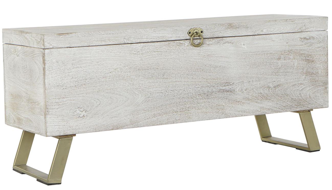 Banc Coffre De Rangement Enfant Logan – 60x30x34,5 Cm, En MDF Blanc Et Hêtre, Avec Vérin De Sécurité