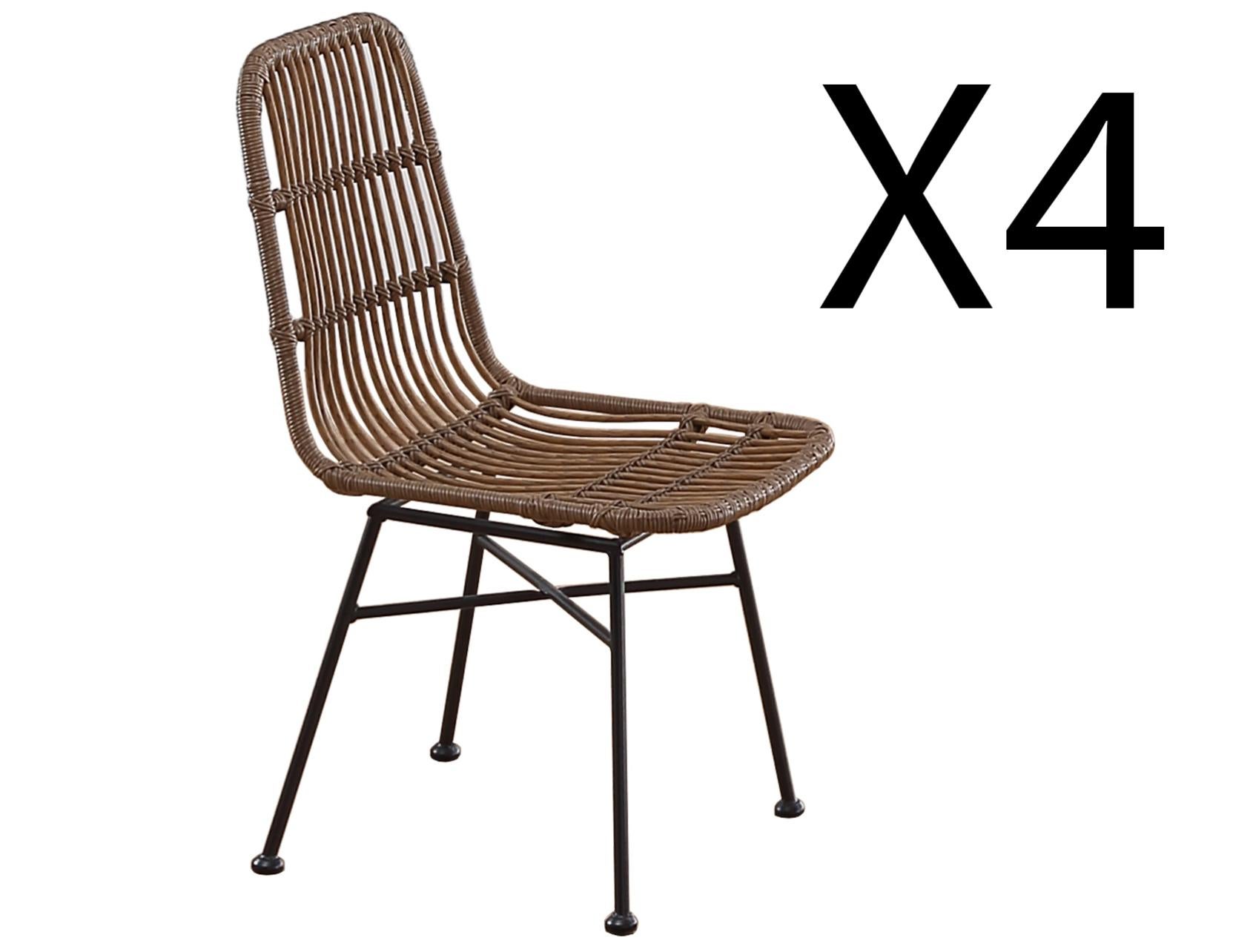 Lot de 4 chaises de salle à manger en rotin et métal coloris marron
