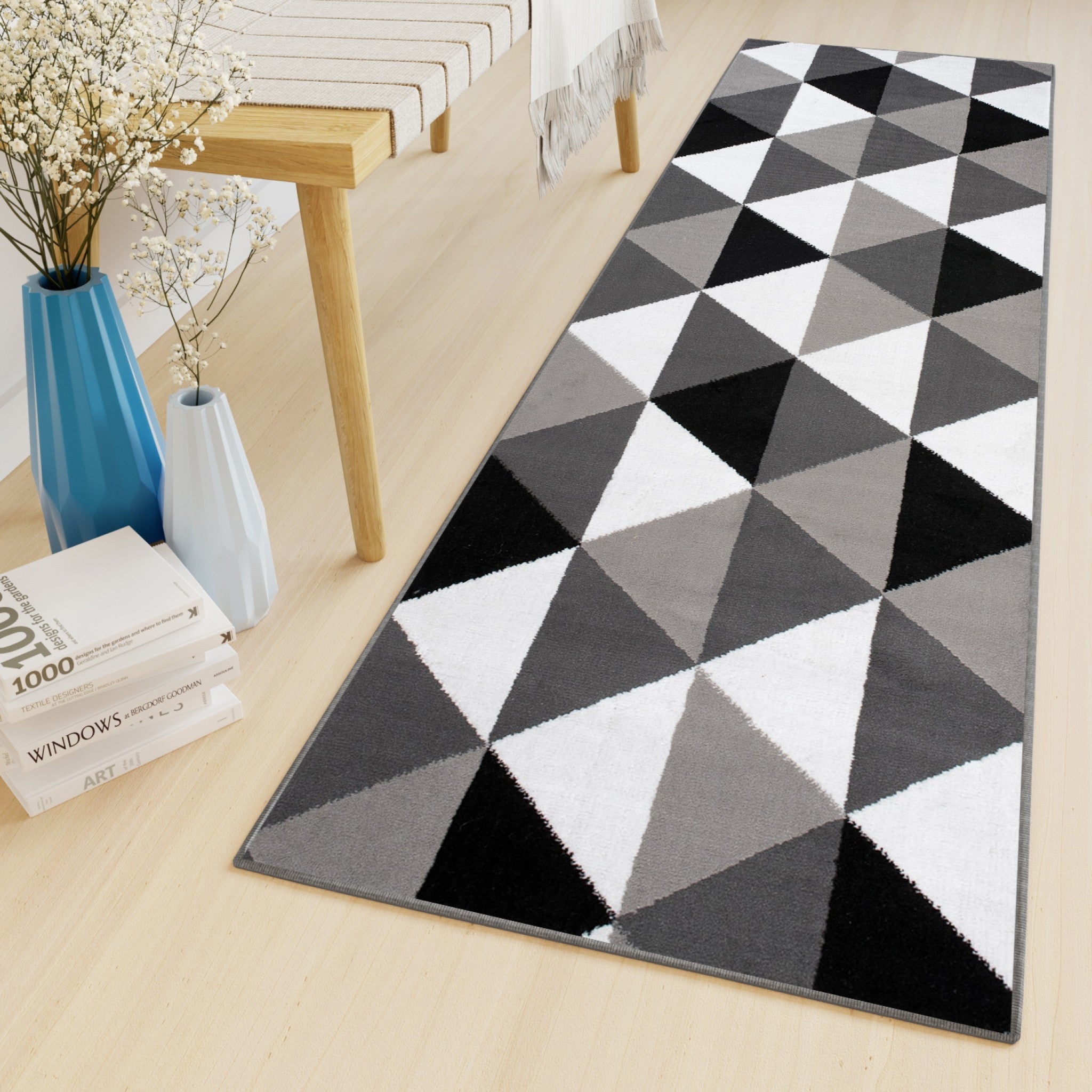 TAPISO Bali Passatoia Corridoio Scalinata Moderno Nero Bianco Geometrico al  metro 80 x 500 cm