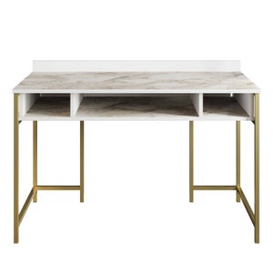 Ensemble bureau 90cm et étagère Loko Bois Blanc effet marbre et Métal Or