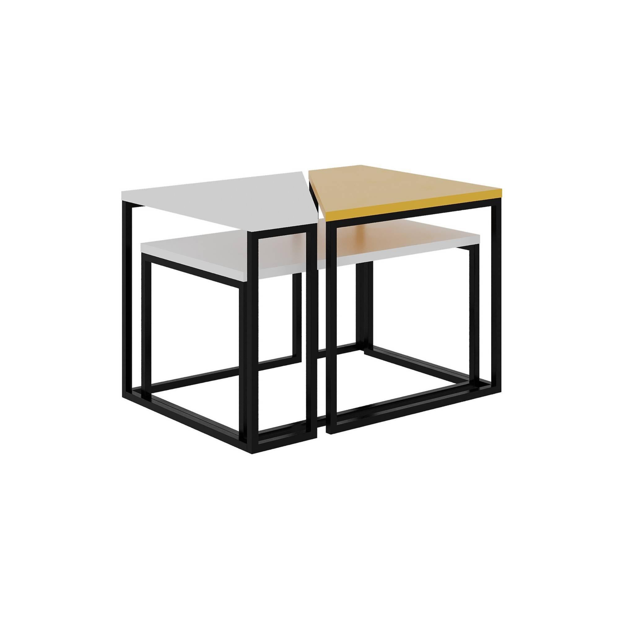 Set de 3 tables bases gigognes Homade Métal Noir et Bois Blanc et Jaune