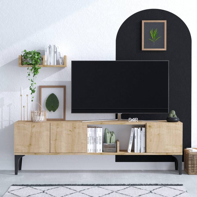 Meuble TV avec étagère murale / tablette murale Medenine 03, Couleur :  Chêne / Noir - Dimensions : 49/17 x