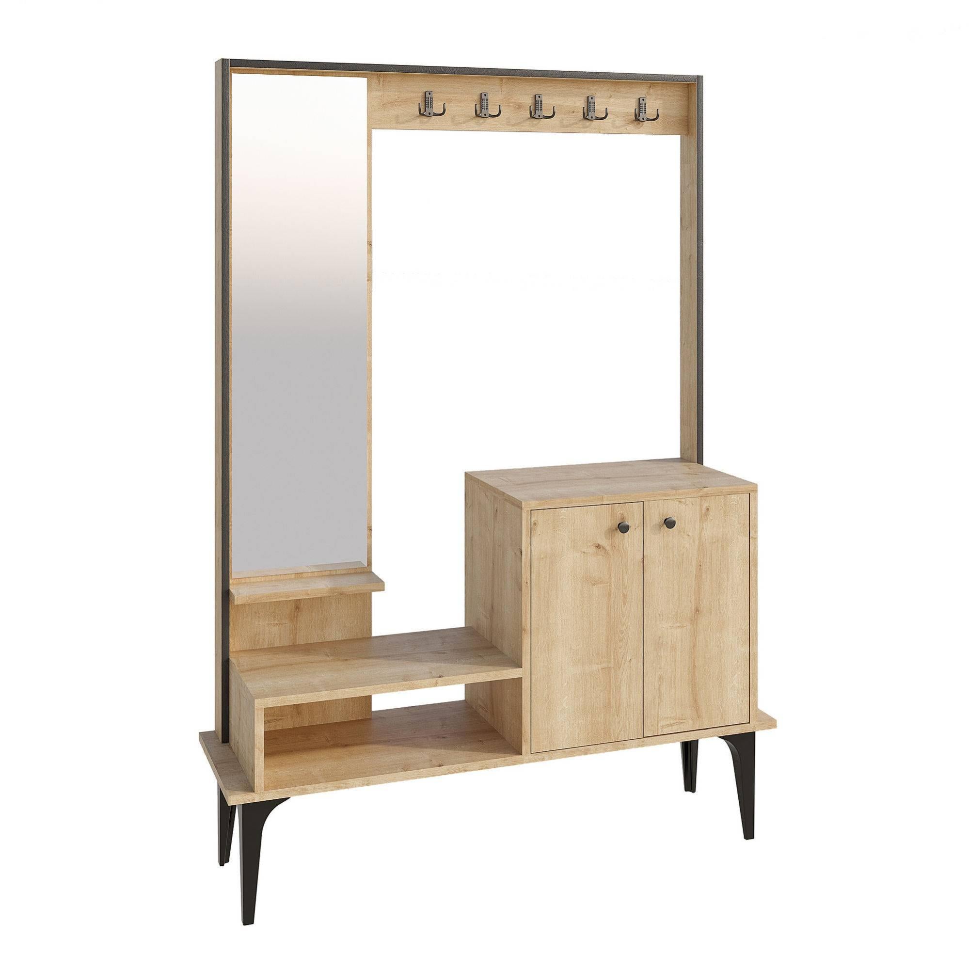 Meuble Entrée Homey Avec Miroir Et Tiroir - Modèle Altea Blanc Et Chêne 81x116x29cm