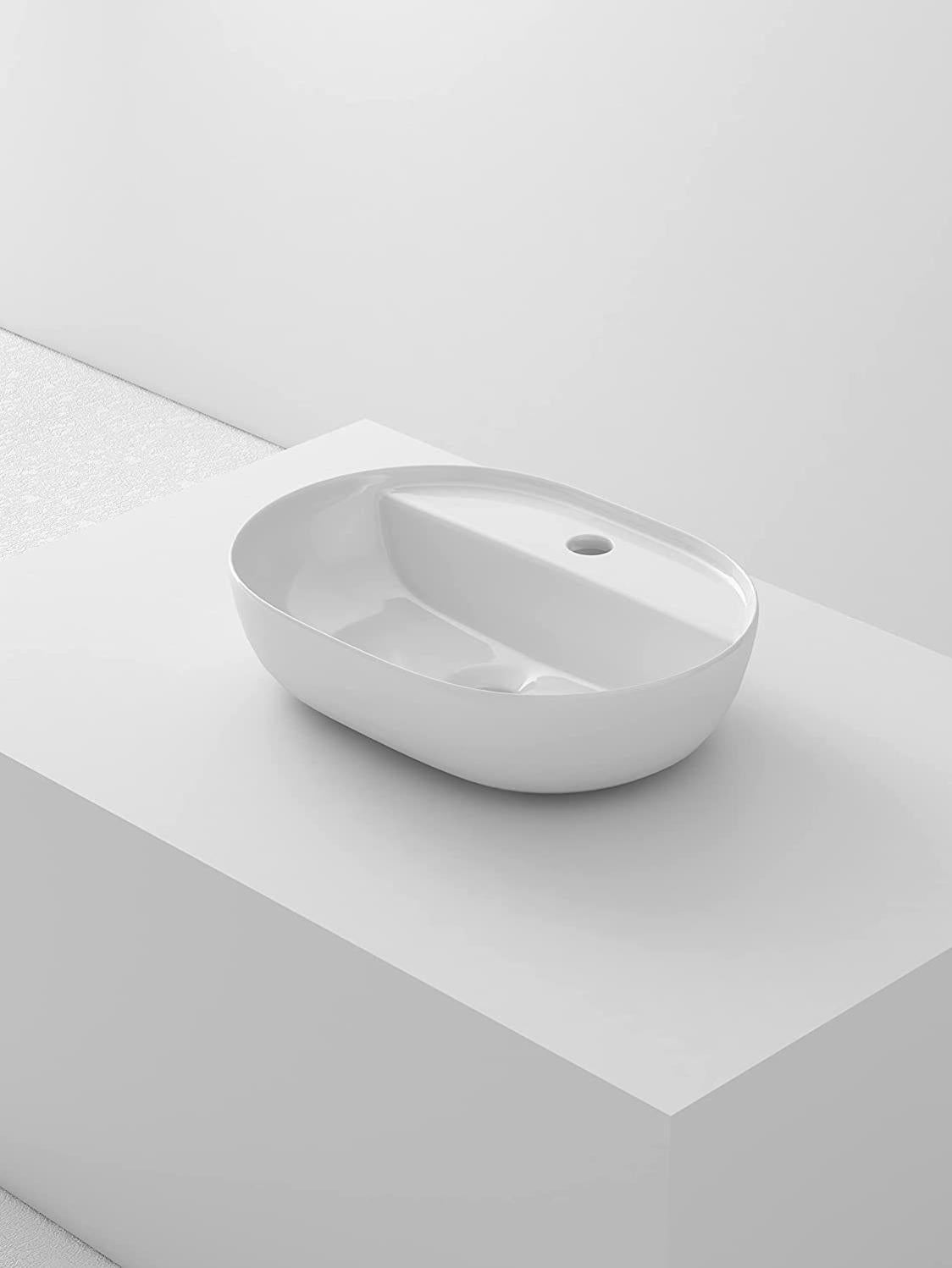 Lavabo De Ceramica Sobre Encimera Redondo Blanco Brillo Taladro Grifo 42 x 30 x 12 cm SFOC42DECO