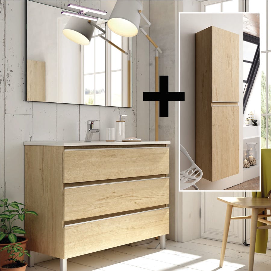 Ensemble meuble de salle de bain 70cm simple vasque + colonne de rangement  PALMA - bambou (chêne clair)