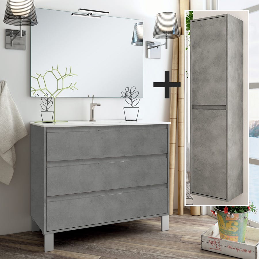 Ensemble meuble de salle de bain 100cm simple vasque + colonne de rangement  - bambou (chêne clair) 