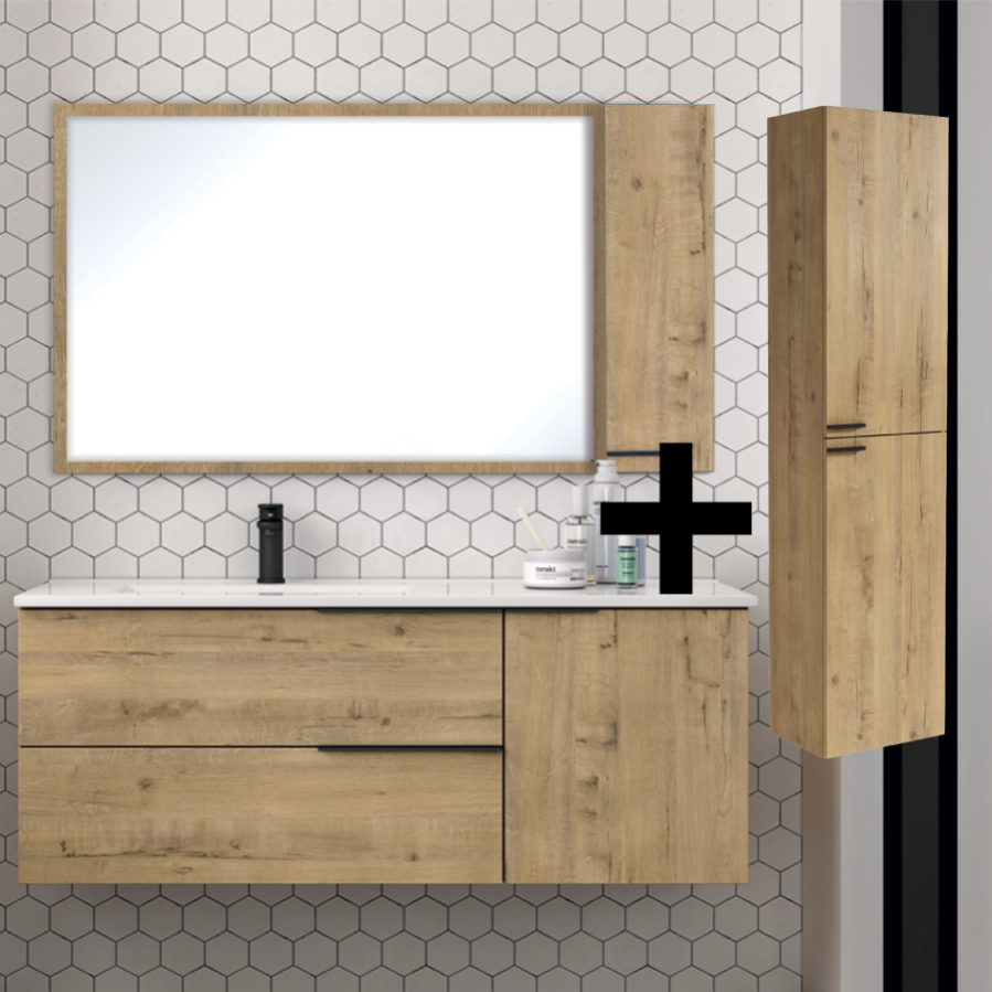 Ensemble meuble de salle de bain 120cm vasque déportée + colonne de rangement KING Roble