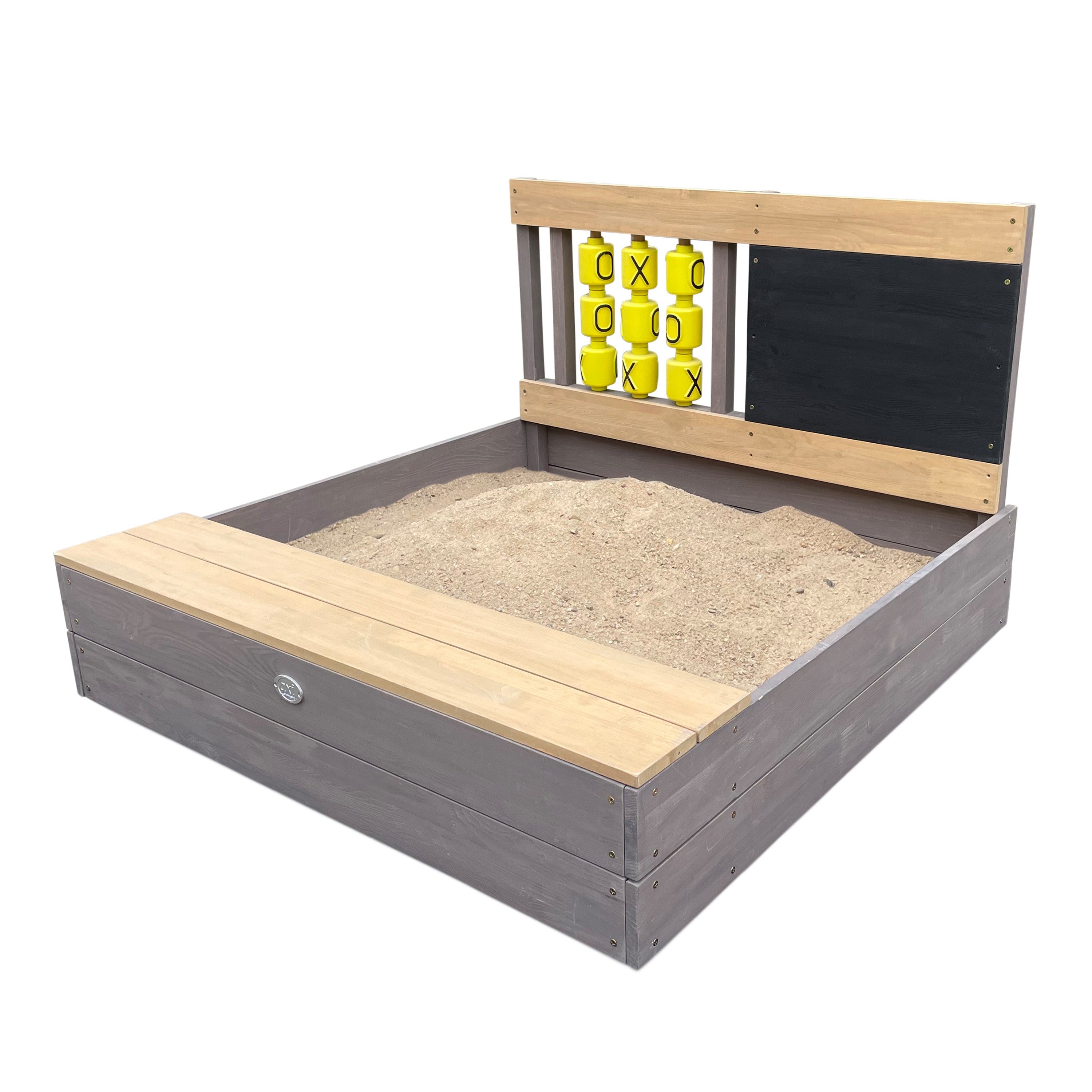 AXI Kitty Bac à sable en bois avec banc, espace de rangement, jeux du  morpion, Bac à sable en anthracite et marron avec tapis de sol, 100 x 100  cm