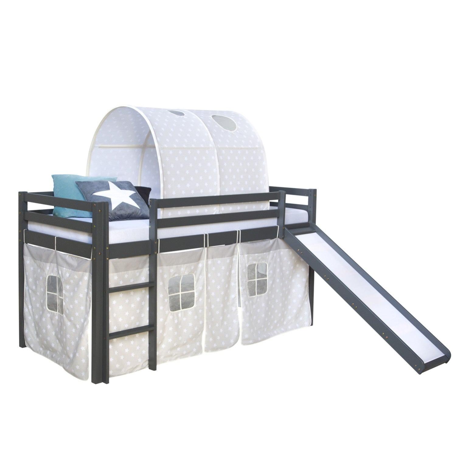 Lit mezzanine 90x200cm avec échelle toboggan en bois gris avec tissu