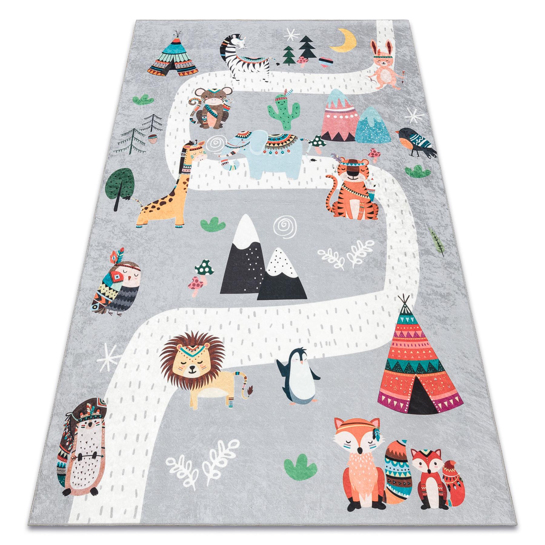 Bambino 2160 alfombra lavable calles, pueblo indio, animales para niños, antideslizante - gris 160x220 cm