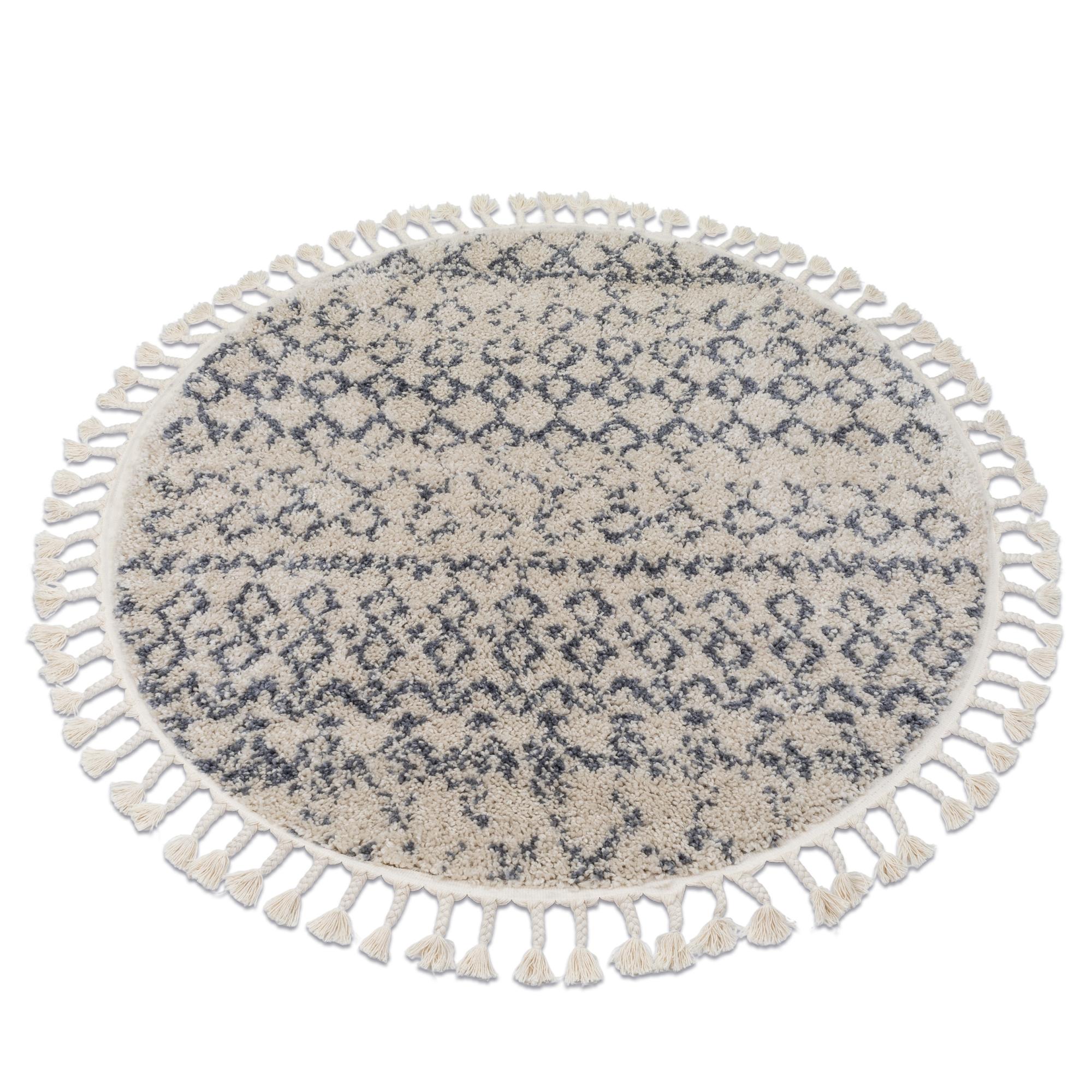 Alfombra berber agadir g0522 círculo crema/gris franjas bereber marroquí shaggy circulo 160 cm