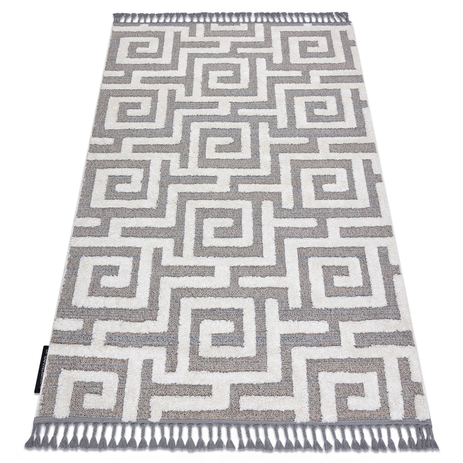 Alfombra maroc p655 laberinto, griego gris / blanco franjas bereber marroquí shaggy 200x290 cm