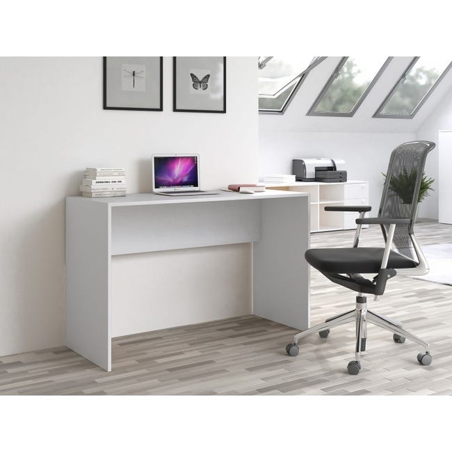 Bureau Raimondo, Bureau linéaire support PC, Table de bureau polyvalente,  Bureau peu encombrant, 110x50h75 cm, Blanc brillant et Érable