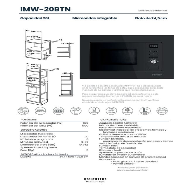 Microondas integrable INFINITON Rústico IMW-RU20 - Negro, 20L., Grill, 800W/ 1000W