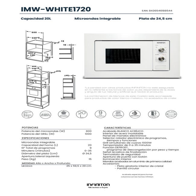 Microondas integrable - SAUBER SERIE 5-20W, 800 W, 20 l, Blanco