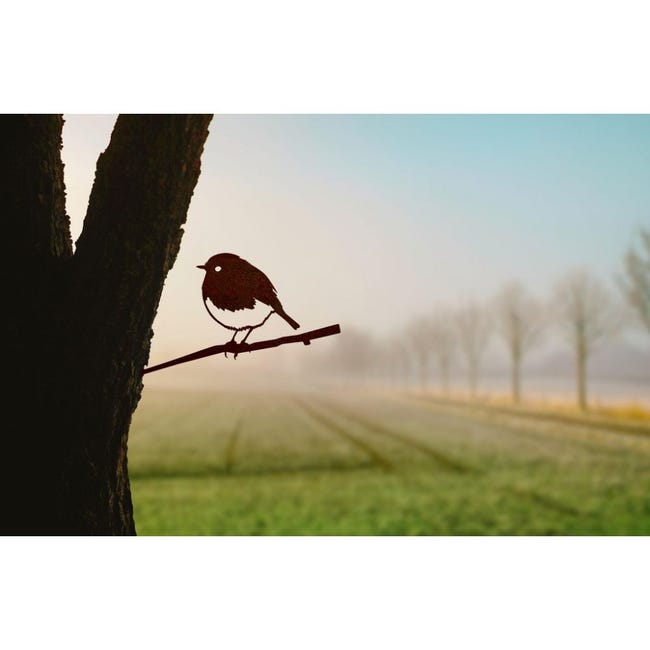Oiseau à planter rouge gorge en acier corten Hauteur 14cm Metalbird