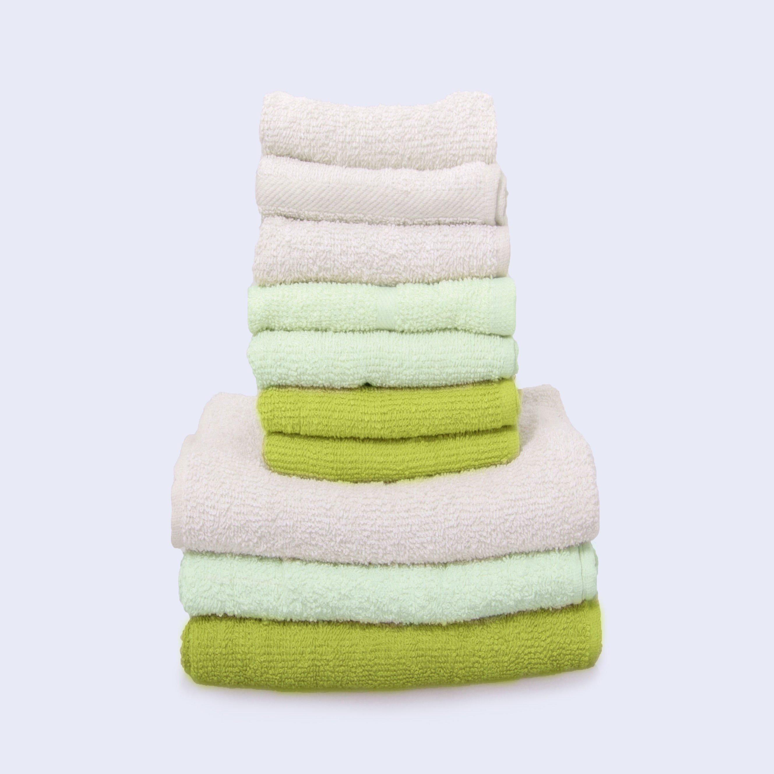 Set da 10 asciugamani, 3 asciugamani ospiti da 30x50, 3 asciugamani viso da  50x90, 3 lavette da 30x30, 1 manopola da 16x21, 100% cotone, verde