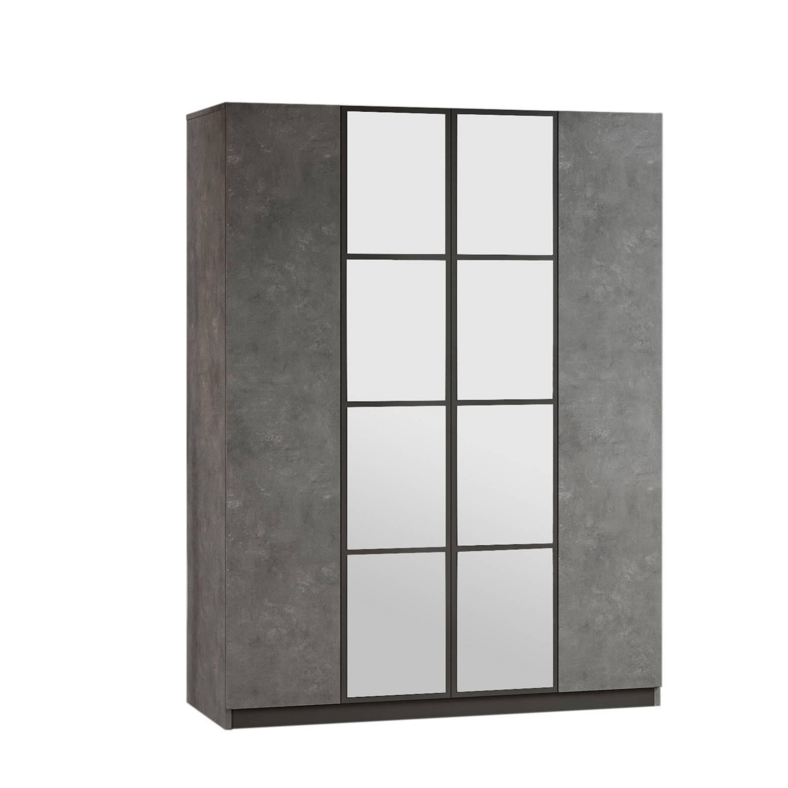 Armoire 4 portes avec miroir Natho 138,4cm Bois Gris et Anthracite