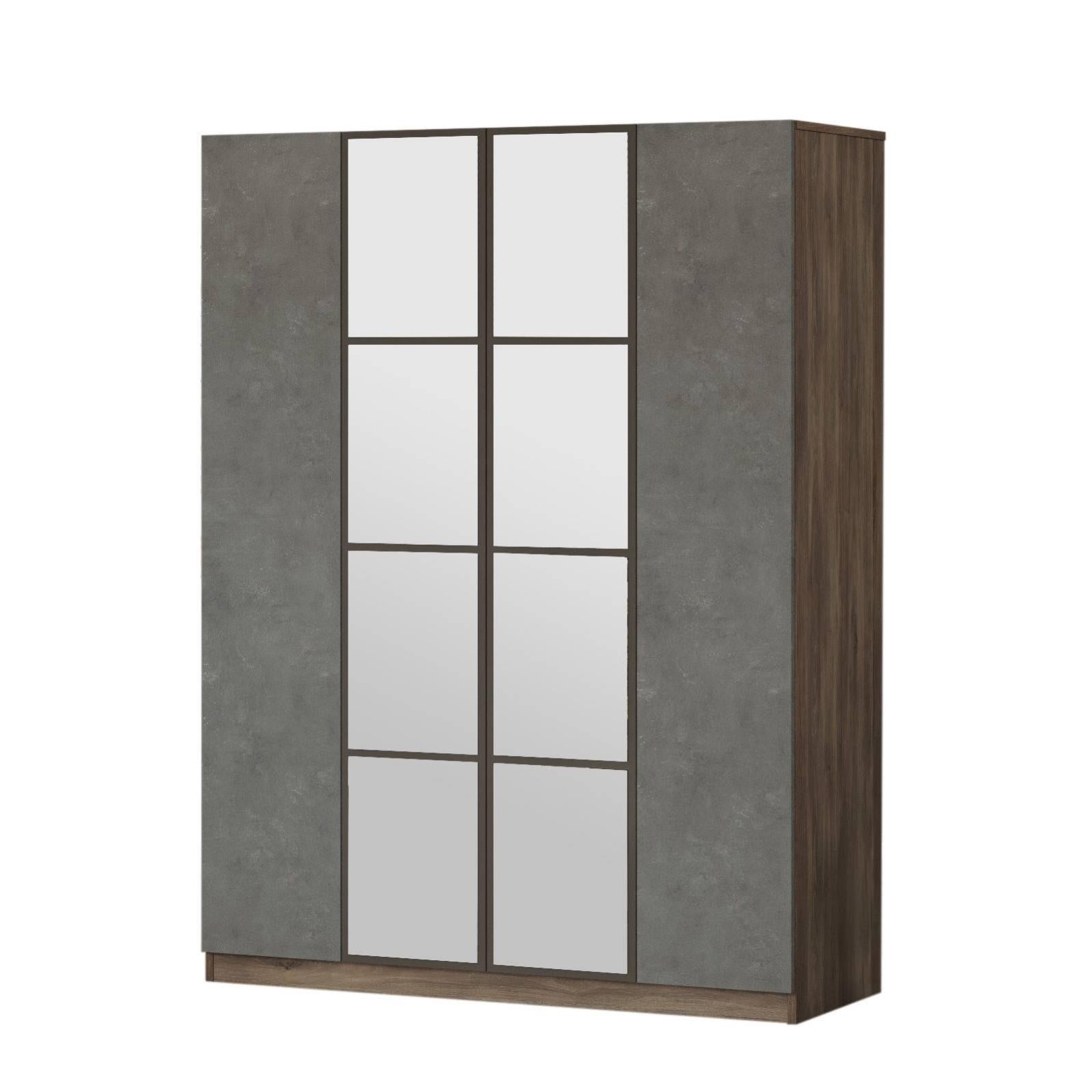 Armoire 4 portes avec miroir Natho 138,4cm Bois Naturel et Gris Leroy