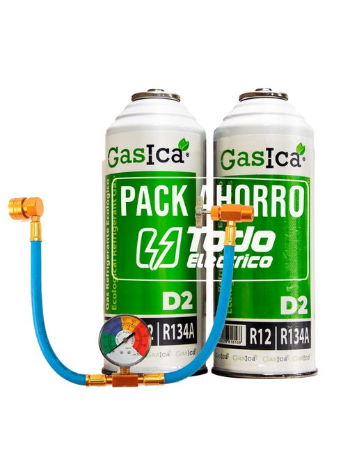 Noticias Enfadarse ventaja PACK 2 botellas Gasica D2 Gas refrigerante sustituto R12 y R134A y manguera  con manómetro para recarga aire acondicionado | Leroy Merlin