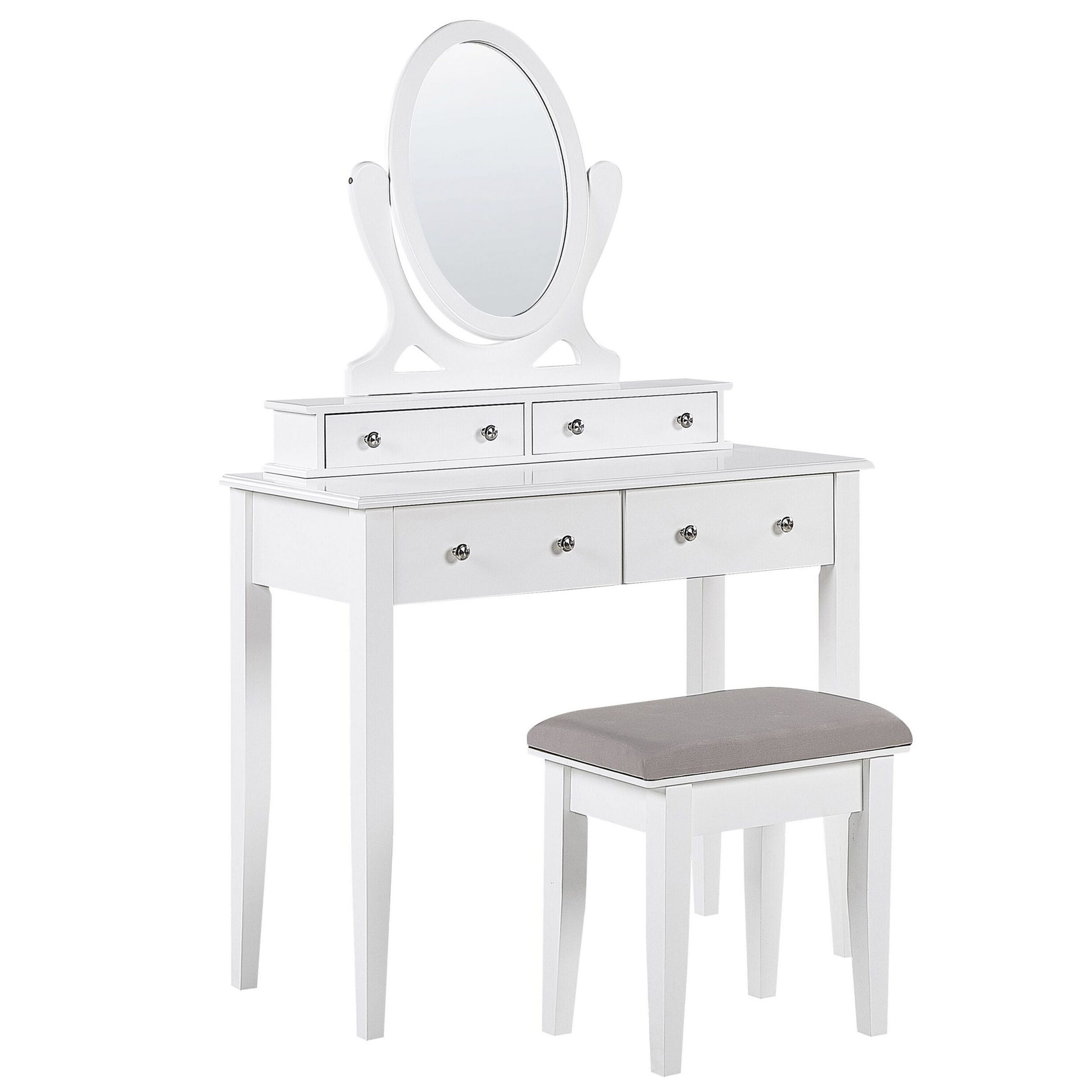 Tavolino da toeletta 4 cassetti con specchio ovale e sgabello bianco LUNE