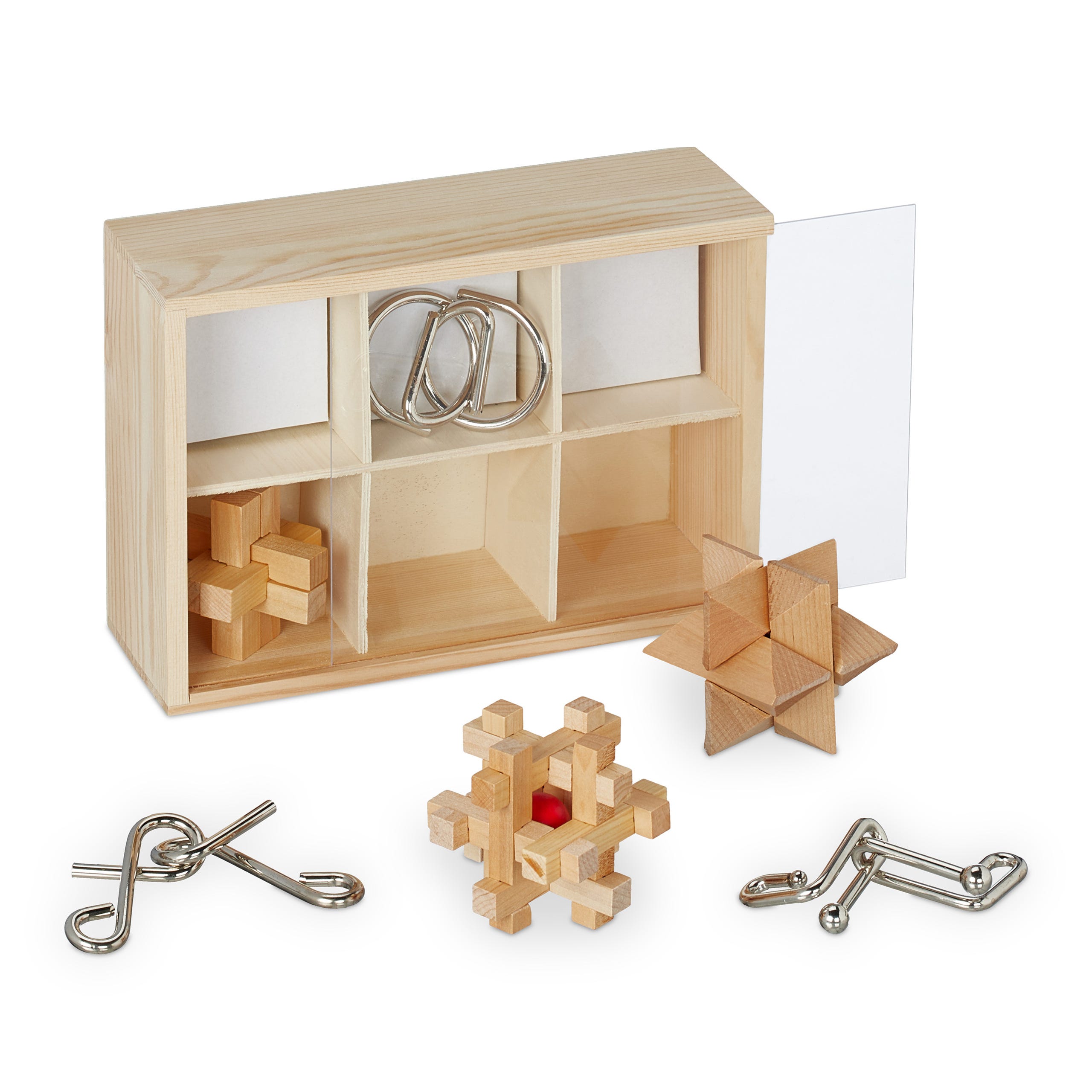 Relaxdays Jeu de casse-tête, en bois et fer, 6 puzzles, avec boîte, stimule  la pensée logique, adultes & enfants, marron