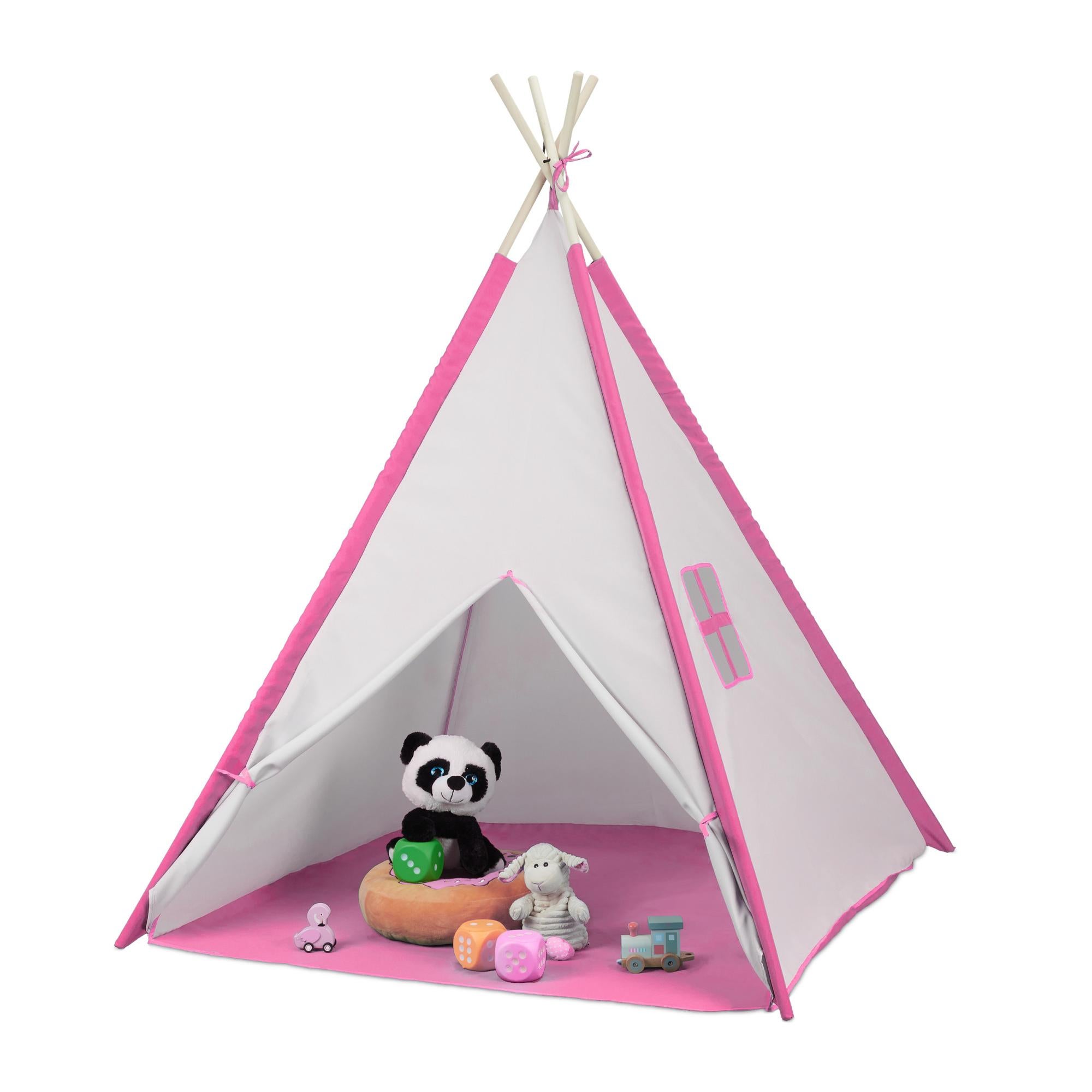 Tenda Per Bambini Relaxdays A Forma Di Capanna Indiana - Dimensioni 158x125x125 Cm, Con Tappetino Integrato, Beige E Legno