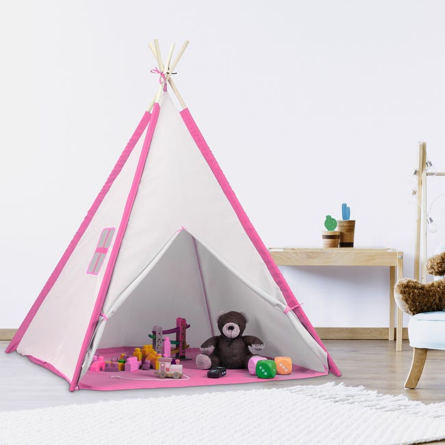 Relaxdays Tenda per Bambini, Capanna Indiana da Gioco, con Pavimento,  Interni, Esterni, HLP 154x124x124 cm, Bianco Rosa