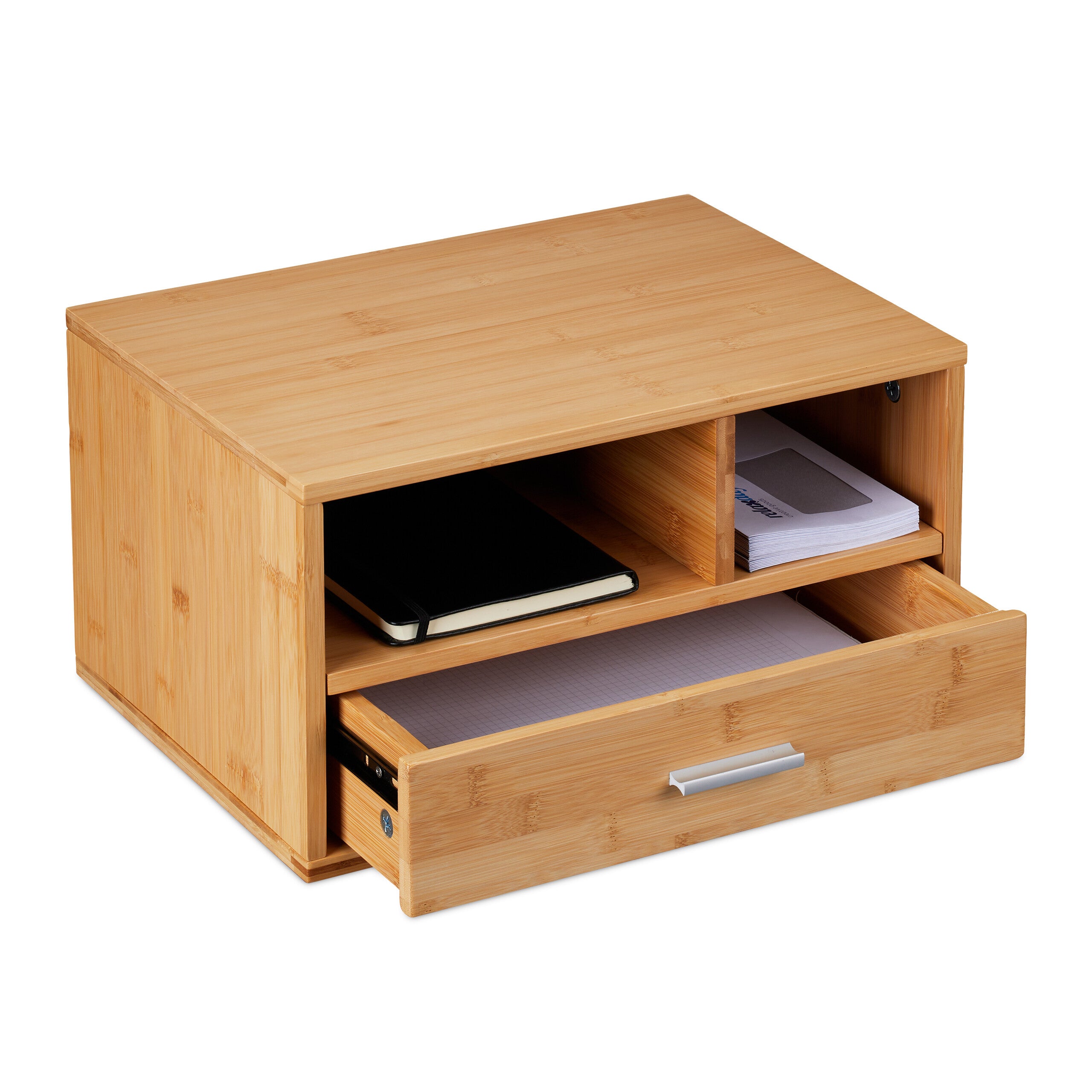 Relaxdays Supporto per Monitor in Bambù, Organizer con Cassetti e  Scomparti, Base Rialzata, HxLxP: 13x70x19 cm, Naturale