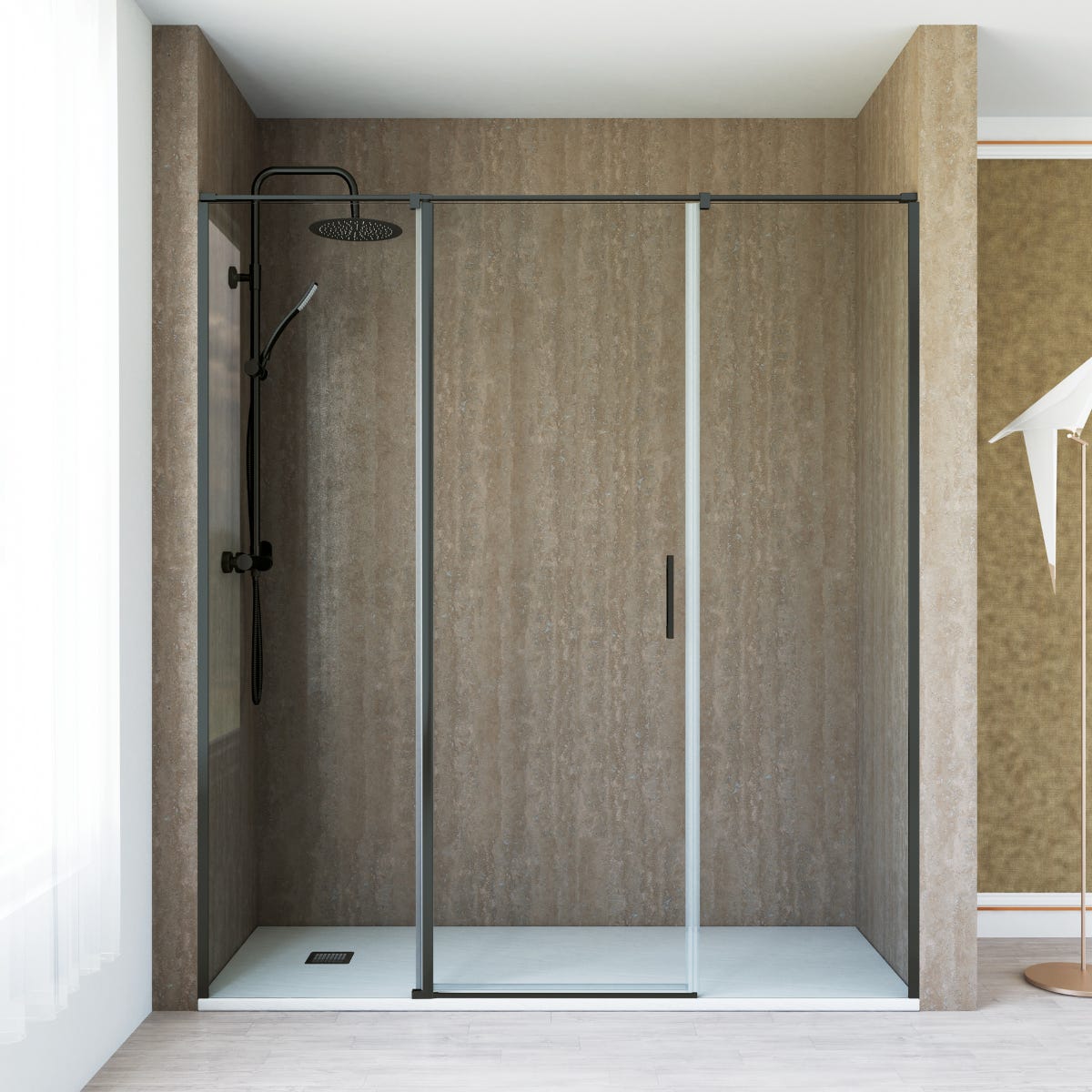 Mampara de ducha con entrada de esquina 180 °+ plato de ducha