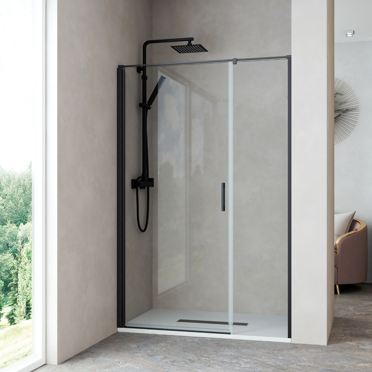 Mampara de ducha frontal 1 puerta abatible 1 fijo | 80 cm | cabina ducha abatible | vidrio 6mm antical transparente | alto 195cm | negro
