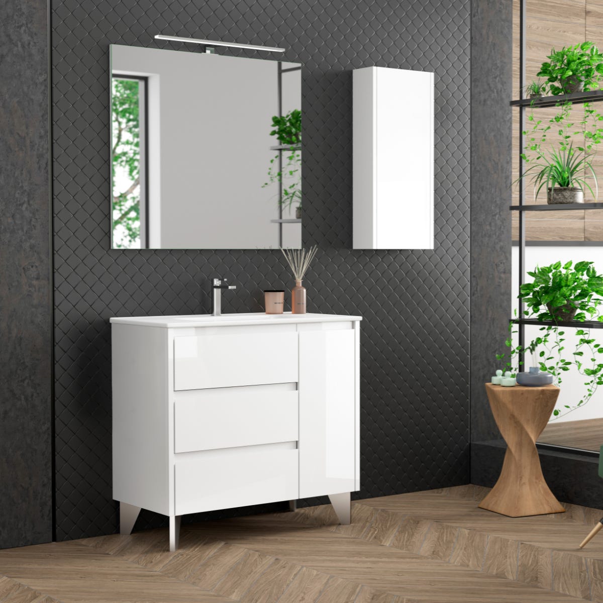 Mueble de baño con lavabo y espejo Asimétrico blanco 80x45 cm